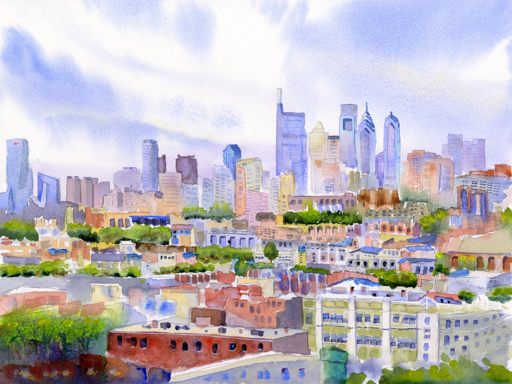 Philadelphia Skyline - From The Bok View - Philly Wall Art Watercolor Print