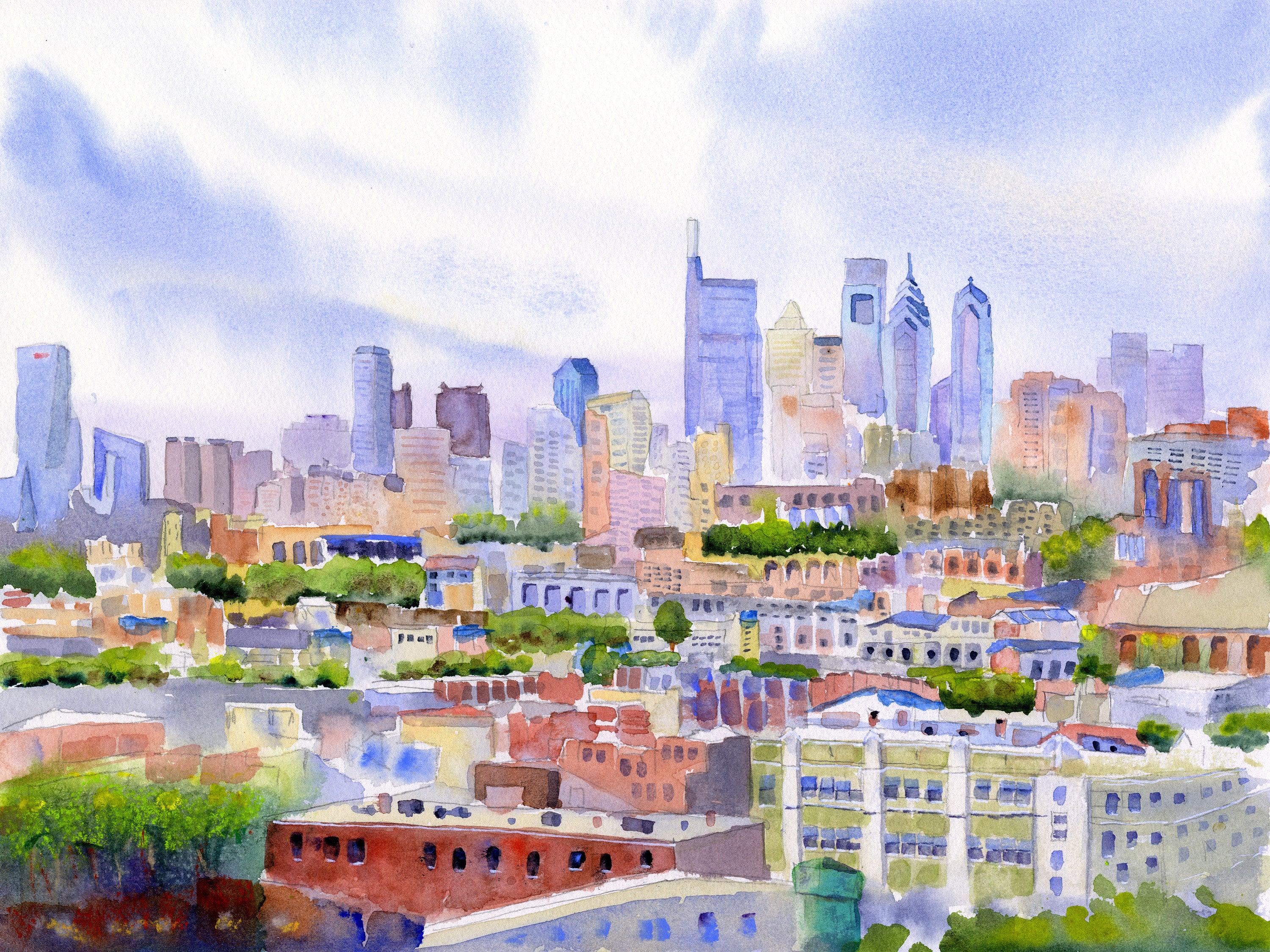 Philadelphia Skyline - From The Bok View - Philly Wall Art Watercolor Print
