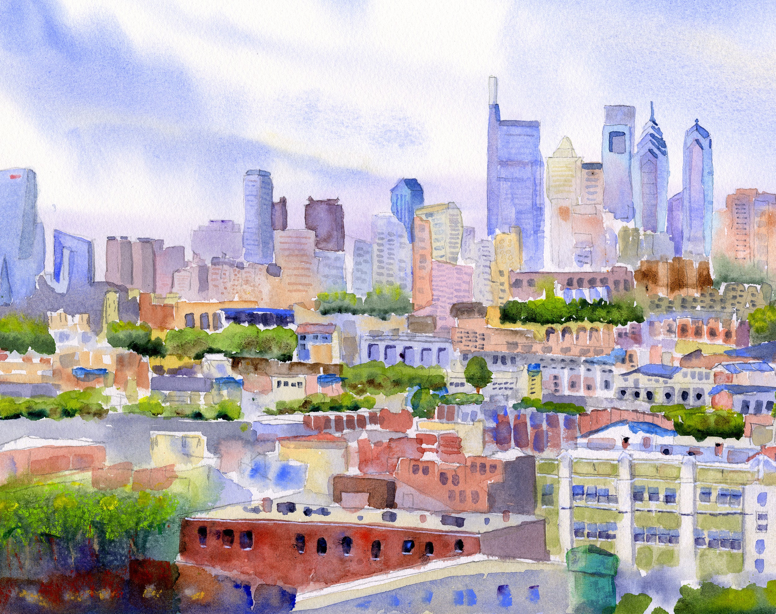 Philadelphia Skyline - From The Bok View - Philly Wall Art Watercolor Print